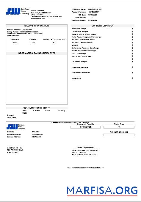 Blank USA California San Jose Water business utility bill template in Word and PDF formats